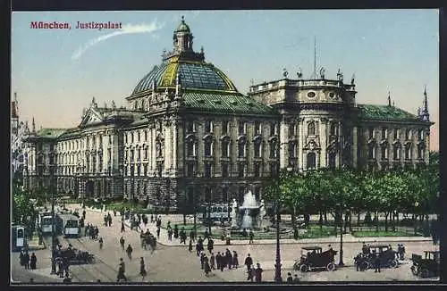 AK München, Justizpalast mit Brunnen und Strassenbahn