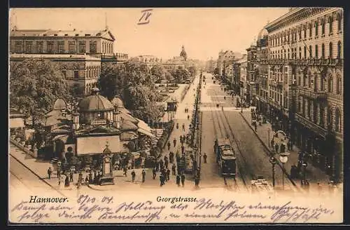 AK Hannover, Georgstrasse mit Cafe Kröpcke und Strassenbahn