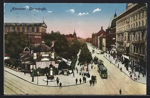 AK Hannover, Georgstrasse mit Cafe Kröpcke und Strassenbahn