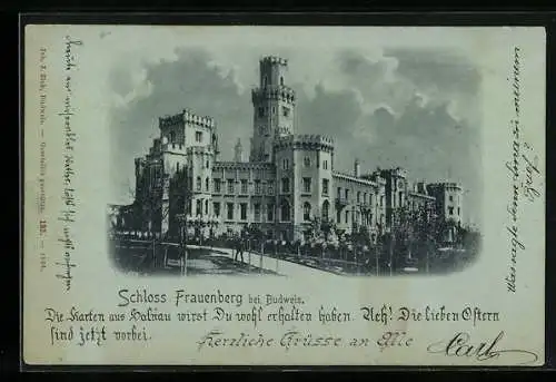 Mondschein-AK Frauenberg bei Budweis, Blick aufs Schloss von den Gärten aus