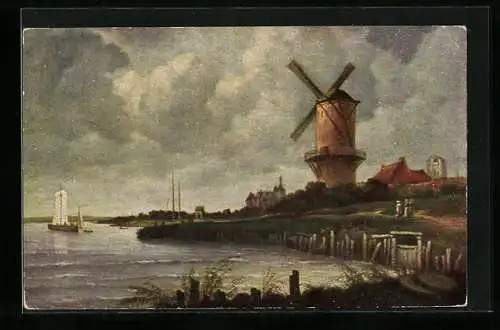 Künstler-AK Ruisdael Degi Nr. 1095, Windmühle am Wyck, Uferpartie