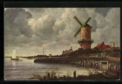 Künstler-AK Ruisdael Degi Nr. 1095, Windmühle am Wyck, Uferpartie