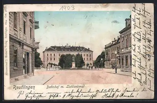 Goldfenster-AK Reutlingen, Bahnhof mit leuchtenden Fenster und Listdenkmal