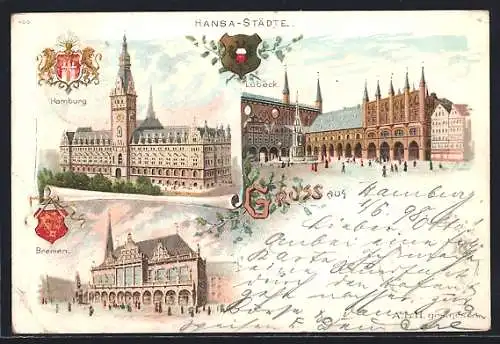 Lithographie Hamburg, Rathaus, Rathäuser von Lübeck und Bremen