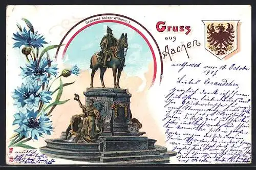 Lithographie Aachen, Denkmal Kaiser Wilhelm I., Wappen und Kornblumen