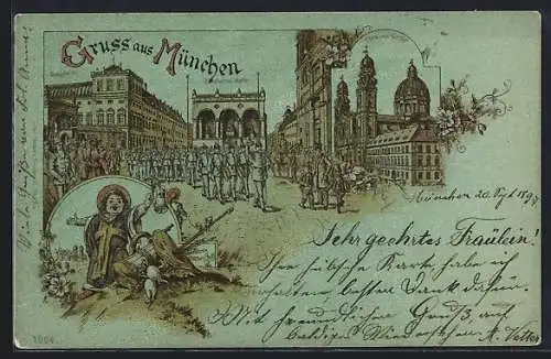 Mondschein-Lithographie München, Soldaten vor der Feldherrn-Halle, Kirche, Münchner Kindl