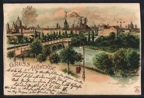 Sonnenschein-Lithographie München, Panorama mit Prinzregentenbrücke