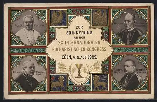 AK Cöln, XX. Intern. Eucharistischer Kongress 1909, Papst Pius X., Kardinäle und Bischof