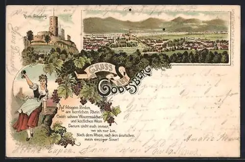 Vorläufer-Lithographie Godesberg, 1895, Ruine Godesberg, Panorama, Winzermädchen mit Wein