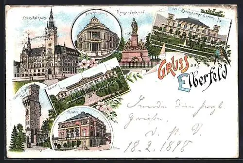 Lithographie Elberfeld, Kriegerdenkmal, Neues Rathaus, Theater, Zoologischer Garten