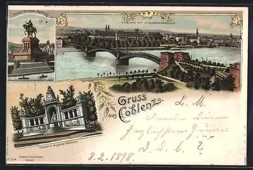 Lithographie Koblenz, Teilansicht mit Eisenbahnbrücke, Kaiserin-Augusta-Denkmal, Kaiser-Wilhelm-Denkmal