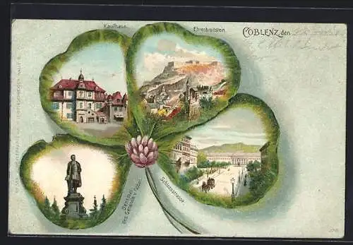 Passepartout-Lithographie Coblenz, Kleeblatt mit Festung Ehrenbreitstein, Kaufhaus, Schlossstrasse