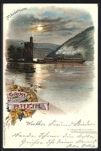 Lithographie Bingen / Rhein, Dampfer passiert den Mäusethurm