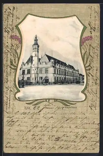 Passepartout-Lithographie Köln, Stapelhaus mit Strasse, Blumen
