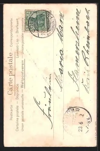 Passepartout-Lithographie Köln, Stapelhaus mit Strasse, Blumen