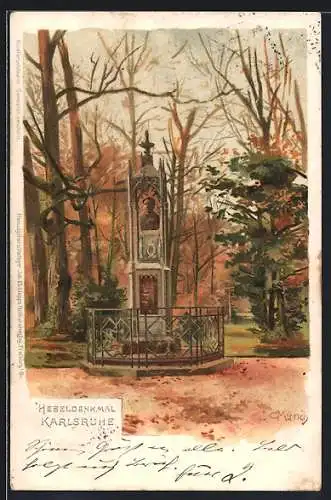 Künstler-Lithographie Carl Münch: Karlsruhe, Hebeldenkmal