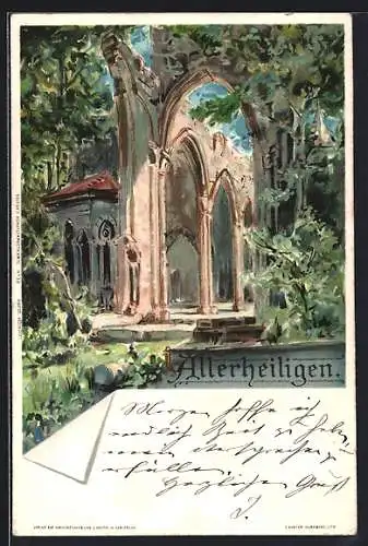 Künstler-Lithographie Carl Biese: Allerheiligen, Mittelalterliche Ruine, Gotik