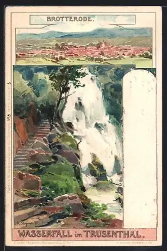 Künstler-AK Albert Stagura: Brotterode, Wasserfall im Trusenthal