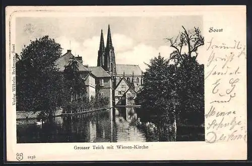 AK Soest, Grosser Teich mit Wiesen-Kirche