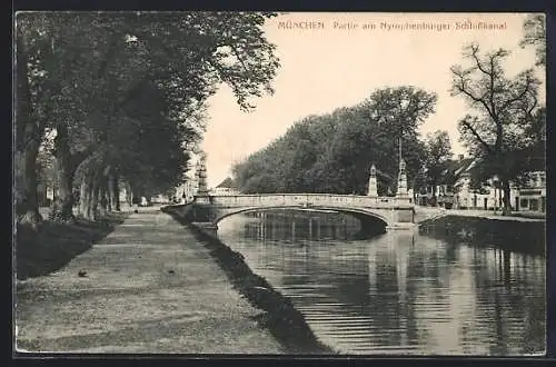 AK München, Partie am Nymphenburger Schlosskanal mit Brücke