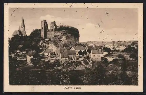 AK Castellaun, Ortsansicht und Burgruine auf dem Hügel