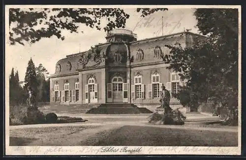 AK Benrath, Schloss mit Gartenanlage und Statuen