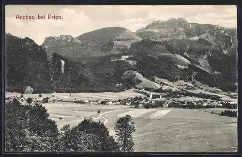 AK Aschau /Prien, Ortsansicht mit Berg dahinter