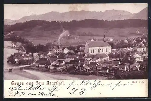 AK Bad Tölz, Ortsansicht mit Isarbrücke, Kirche und Umgebung