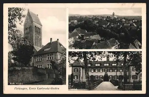 AK Flehingen, Ortsansicht, Schloss und Katholische Kirche