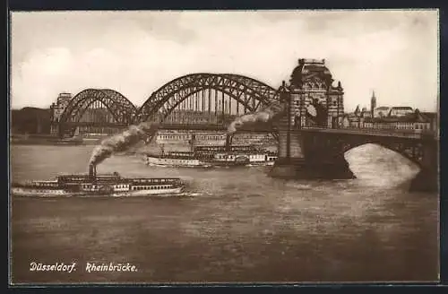 AK Düsseldorf, Rheinbrücke mit Dampfer