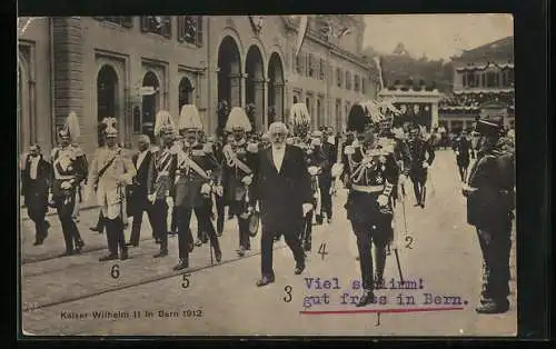 AK Bern, Parade mit Kaiser Wilhelm II., Generalstab-Chef von Moltke, Bundespräsident Forrer 1912