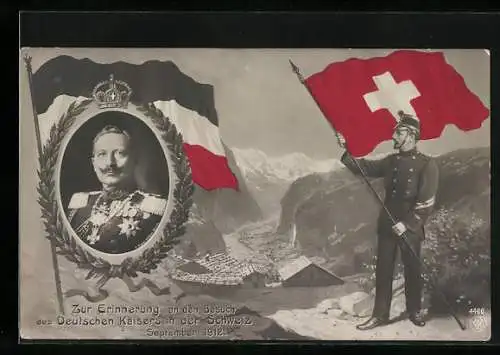 AK Schweiz-Besuch Kaiser Wilhelm II., Anlasskarte mit Portrait und Fahnen, 1912