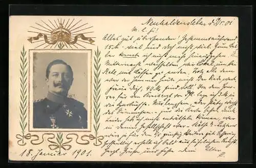 Präge-AK Kaiser Wilhelm II., flankiert von Palmwedeln