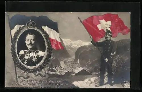 AK Schweiz-Besuch Kaiser Wilhelm II., Anlasskarte mit Portrait und Fahnen, 1912