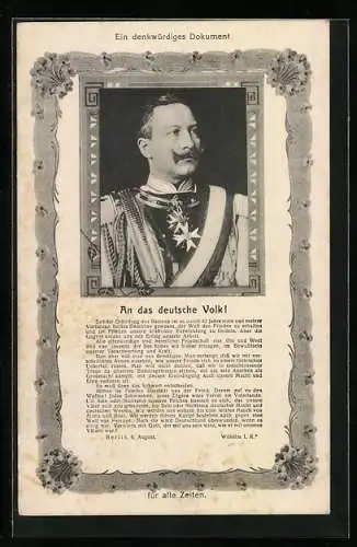 AK An das deutsche Volk, Worte von Kaiser Wilhelm II., Portrait in Uniform