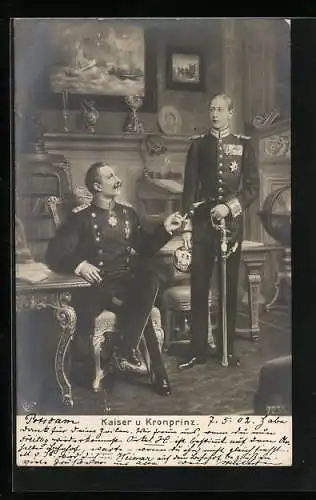 AK Kaiser und Kronprinz von Preussen im Salon des Schlosses