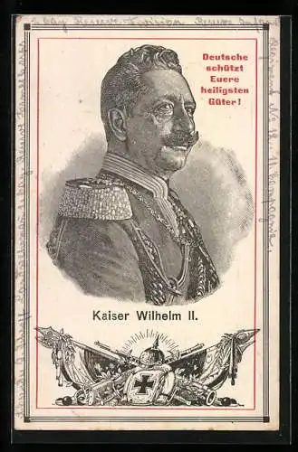 AK Kaiser Wilhelm II. in Uniform, Pickelhaube und Gewehre