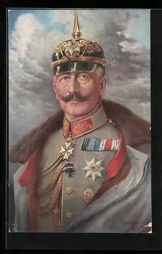 Künstler-AK Kaiser Wilhelm II. in Uniform mit Pickelhelm und Eisernem Kreuz