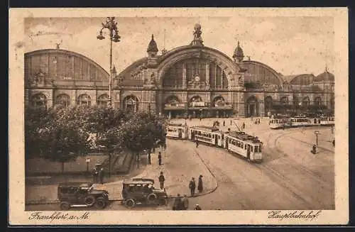 AK Frankfurt a. M., Hauptbahnhof mit Strassenbahnen aus der Vogelschau