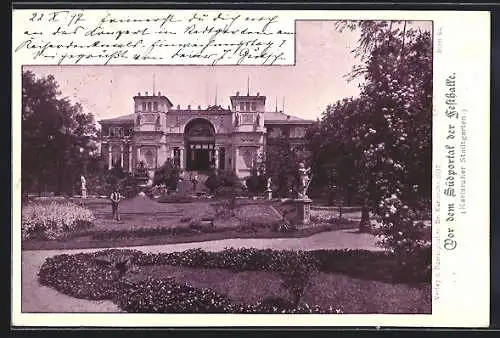 AK Karlsruhe, Vor dem Südportal der Festhalle im Stadtgarten