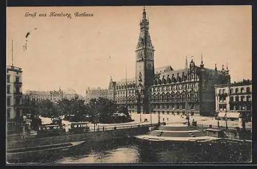 AK Hamburg, Rathaus mit Strassenbahn