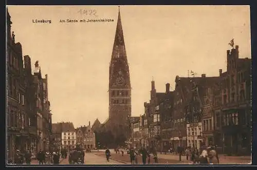 AK Lüneburg, Strasse am Sande mit Geschäften und Johanniskirche