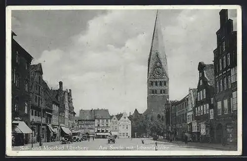 AK Lüneburg, Strasse am Sande mit Geschäften und Johanniskirche