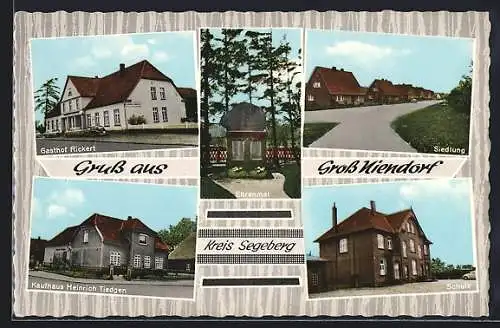 AK Gross Niendorf / Holst., Gasthof Rickert, Kaufhaus Heinrich Tiedgen, Siedlung, Schule, Ehrenmal