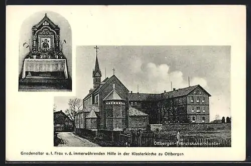 AK Ottbergen / Hildesheim, Franziskanerkloster, Gnadenaltar in der Klosterkirche, Aussen- u. Innenansicht