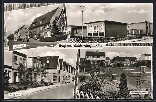 AK Widdersdorf b. Köln, zwei Ortspartien, Schule, Kinderspielplatz