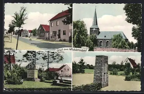 AK Köln-Widdersdorf, Kirche, Denkmal, Kriegsmahnmal und Strassenpartie mit Wohnhäusern