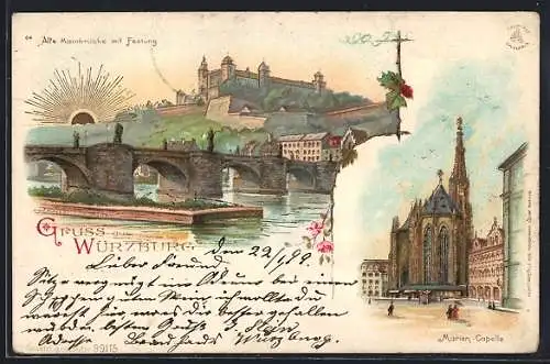 Lithographie Würzburg, Mainbrücke mit Festung