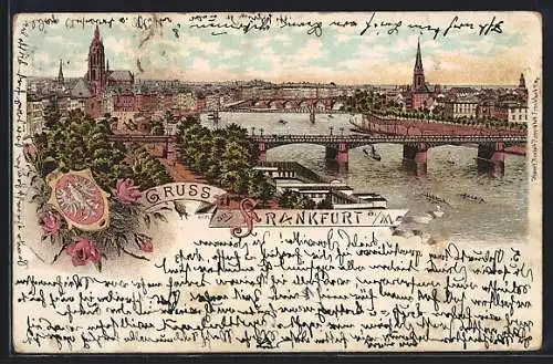 Lithographie Frankfurt, Totalansicht mit Mainbrücke, Kirche und Dom, Wappen