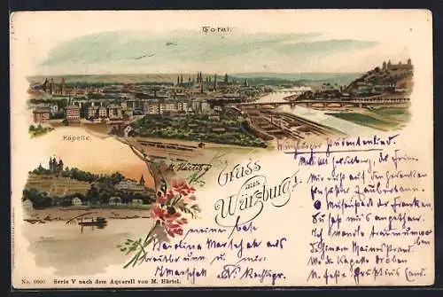 Lithographie Würzburg, Totalansicht und Kapelle